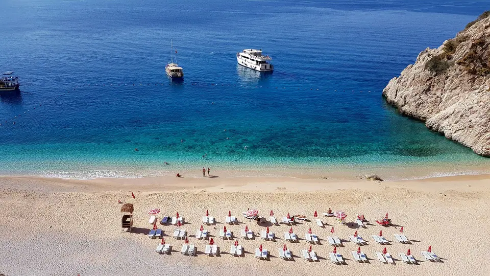 Boats anchored off a beach on the Antalya coast