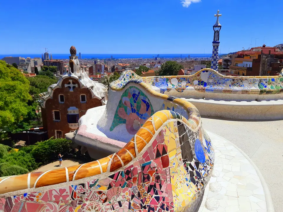 Mosaic serpentine bench at Park Guell above Barcelona