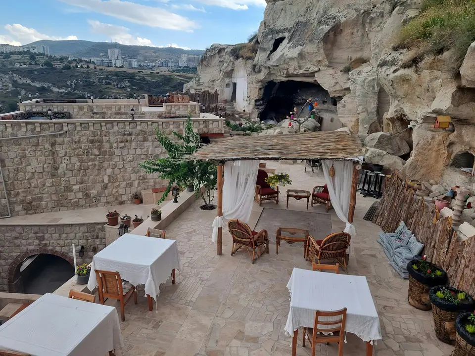 Terrace of a cave hotel in a Cappadocia village