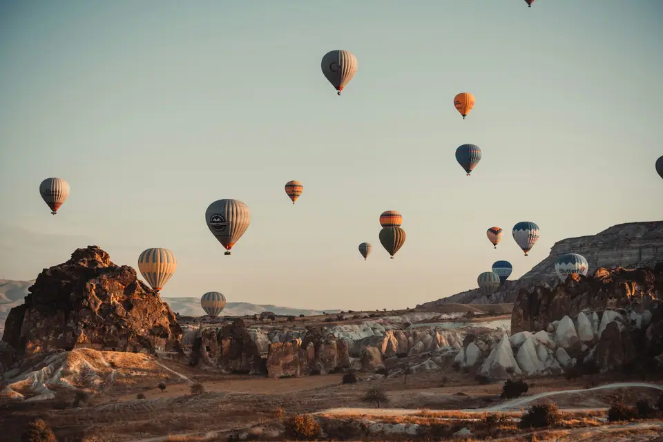 Hot air balloons over the valleys of Cappadocia
