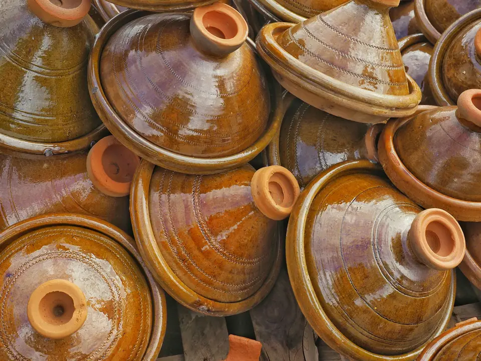 Stacked clay tagine pots in Marrakech