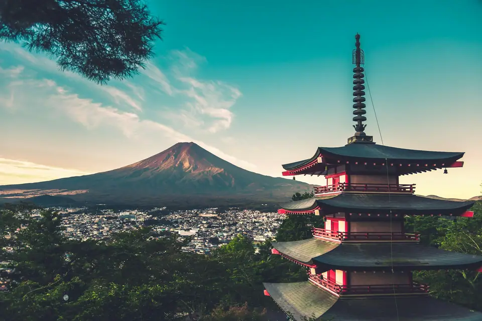 Chureito Pagoda above Fujiyoshida with Mount Fuji behind