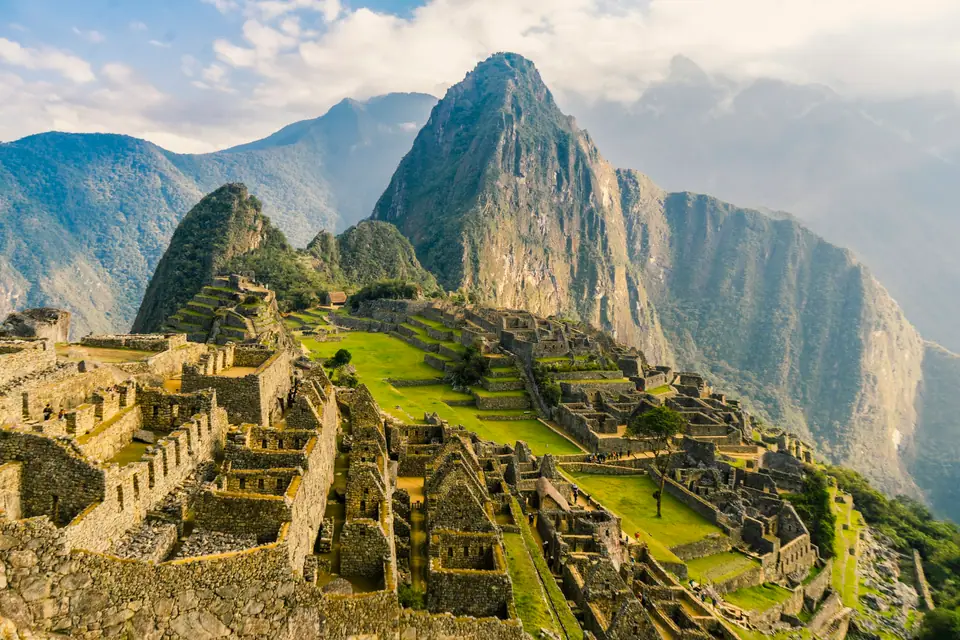 Stone buildings of Machu Picchu below Huayna Picchu