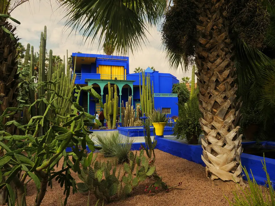 Blue villa and cactus garden at Jardin Majorelle in Marrakech