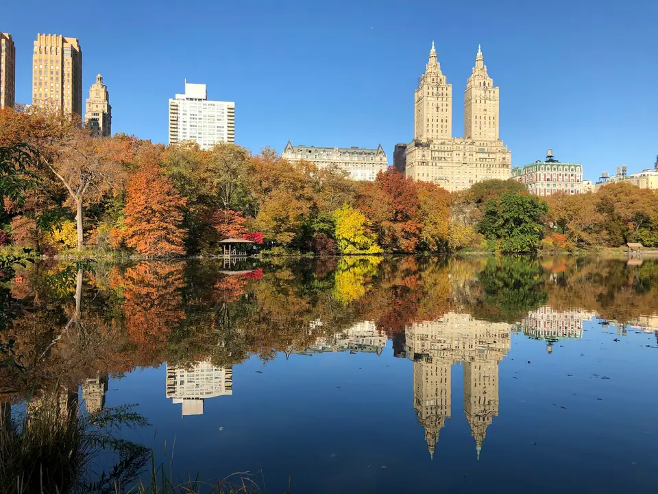 Autumn trees reflected in a Central Park lake below the San Remo towers