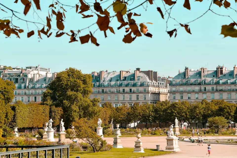 Trees and Haussmann buildings beside a Paris garden