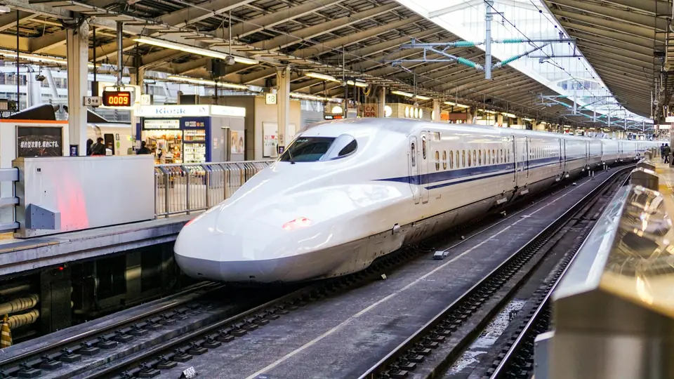 Shinkansen bullet train at a platform in Tokyo