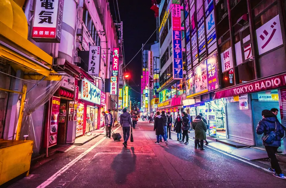 Neon shop signs over a busy Tokyo street at night